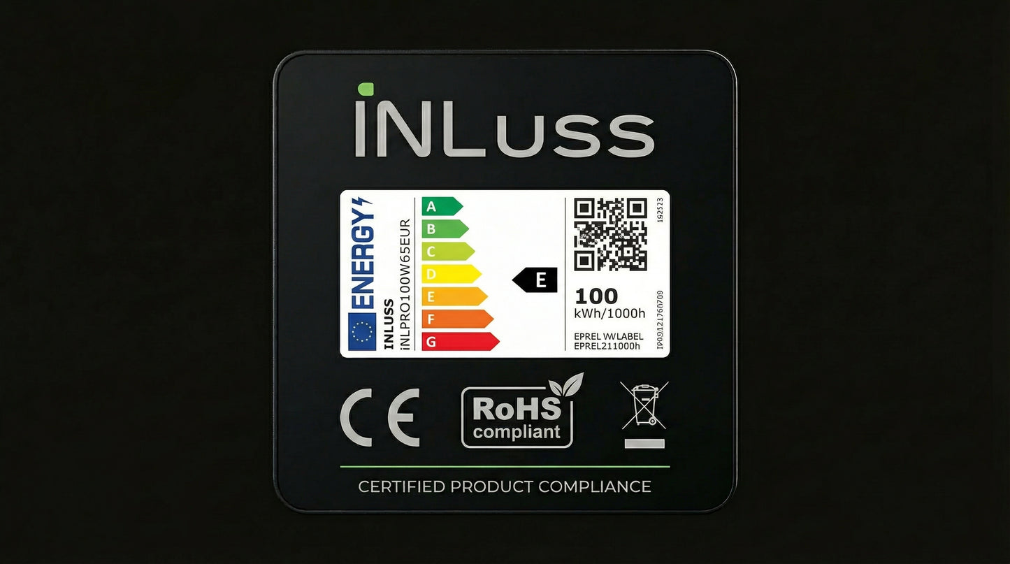 INLuss energy label with certification logos on a black background