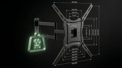 Black TV mount with measurement details and a green weight indicator on a black background