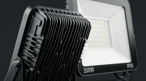 Black LED flood light with '200W' and 'IP65' labels on a dark background
