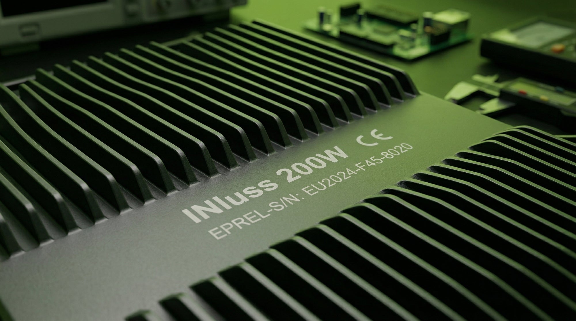 Close-up of a power supply unit with branding and specifications on a green background