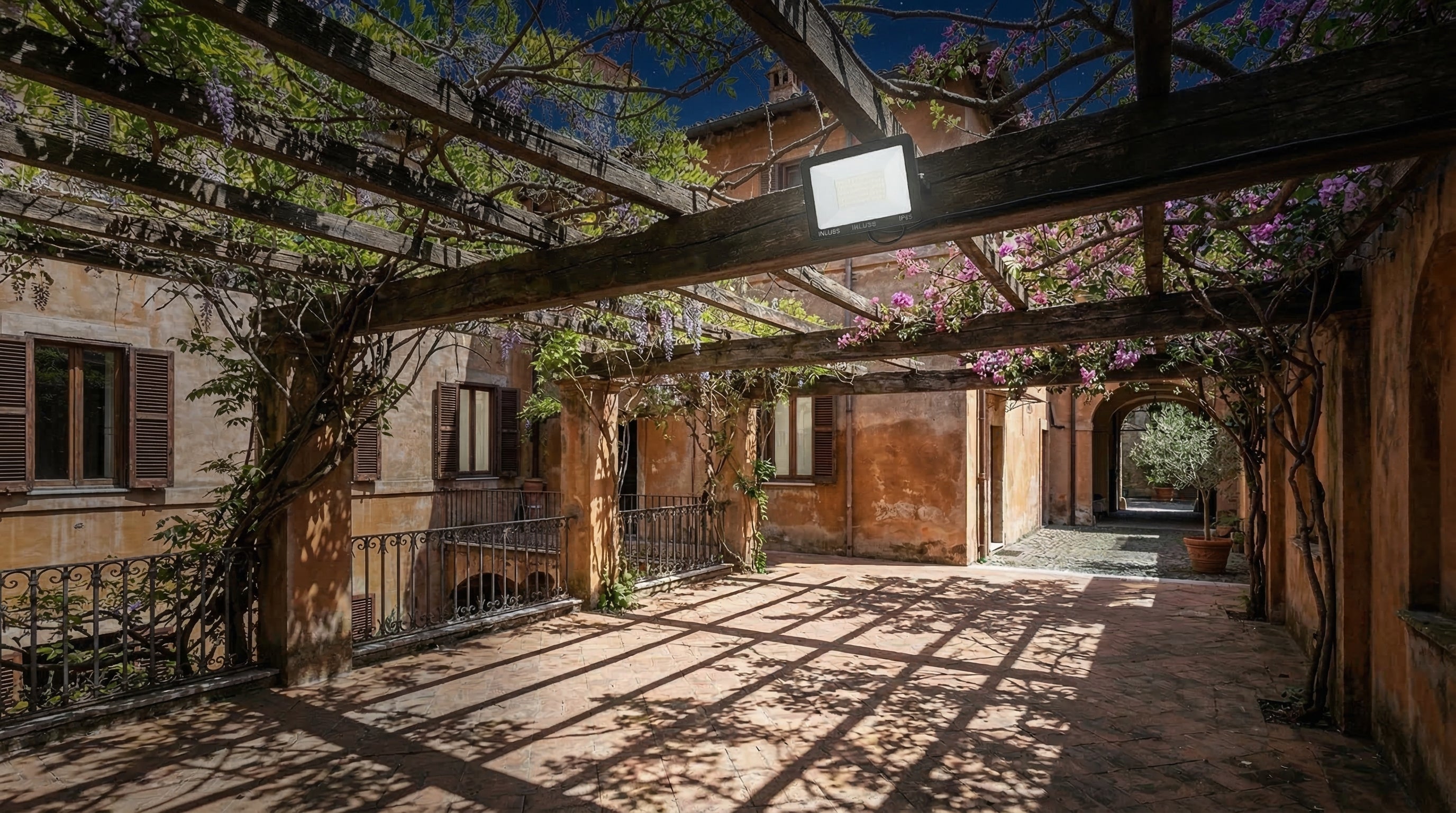 Courtyard with wooden pergola and flowering plants in a sunlit setting