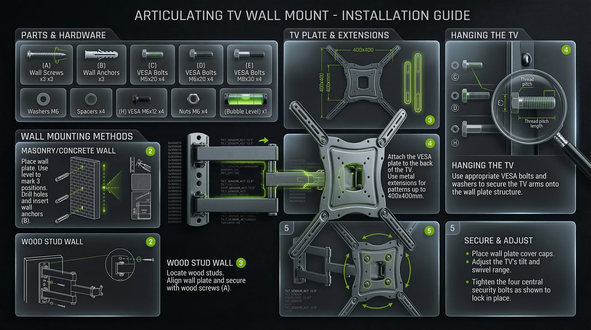 Detailed installation guide for an articulating TV wall mount with various components and steps.