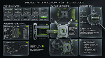 Detailed installation guide for an articulating TV wall mount with various components and steps.