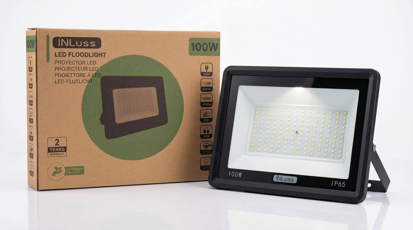 INLuss® Proyector LED 100W | IP65 Exterior | Certificado CE | 10,000 lm | 6500K | Garantía de 3 años