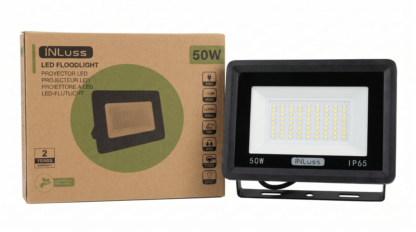 INLuss® Proyector LED 50W | IP65 Exterior | Certificado CE | 5,000 lm | 6500K | Garantía de 3 años