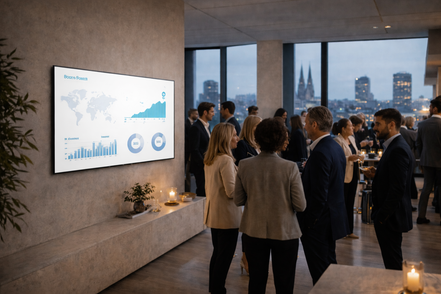 Group of people in a modern office setting with a large screen displaying graphs and charts.