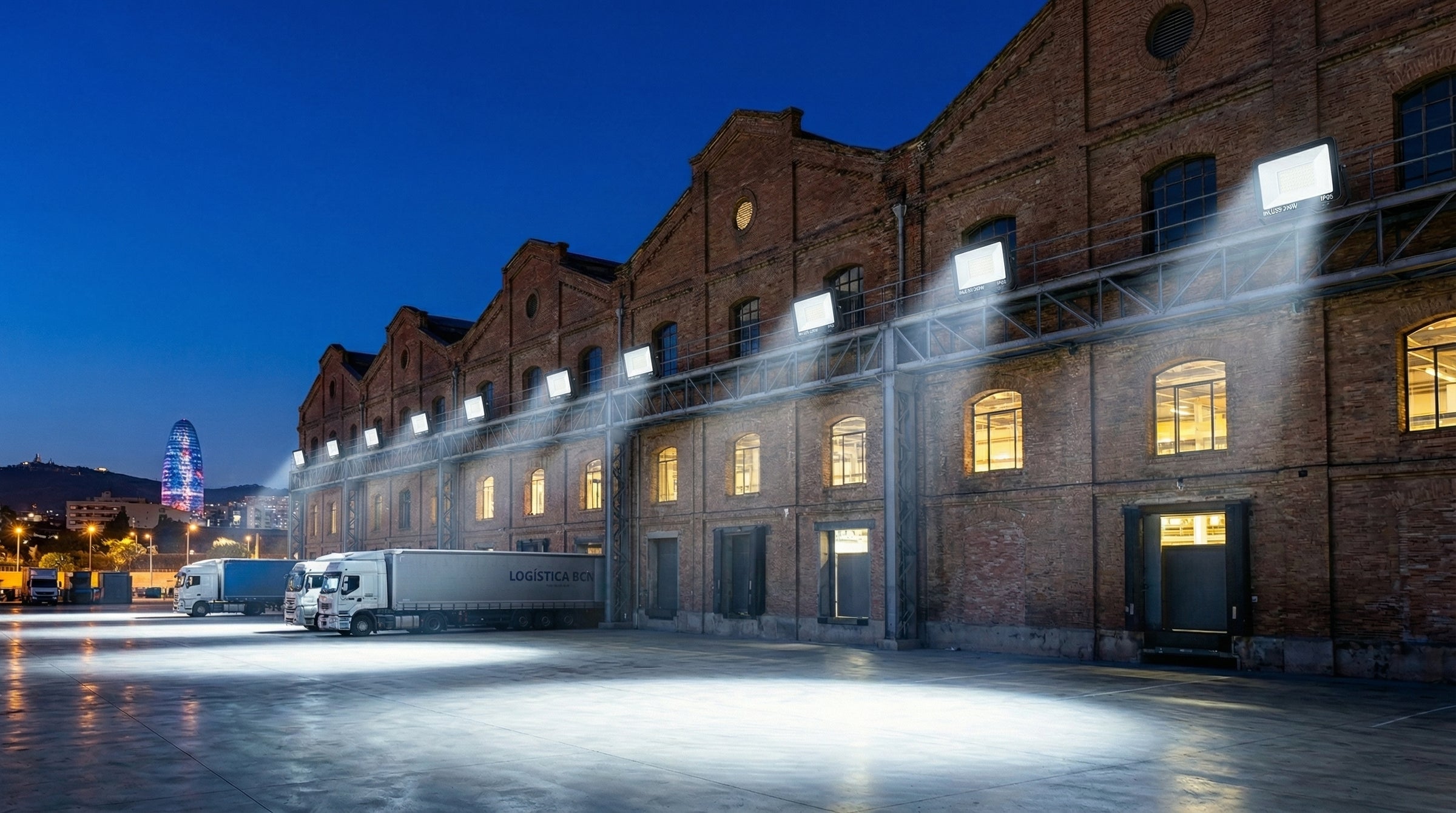 Two white trucks parked in front of a brick building with lights on at night.