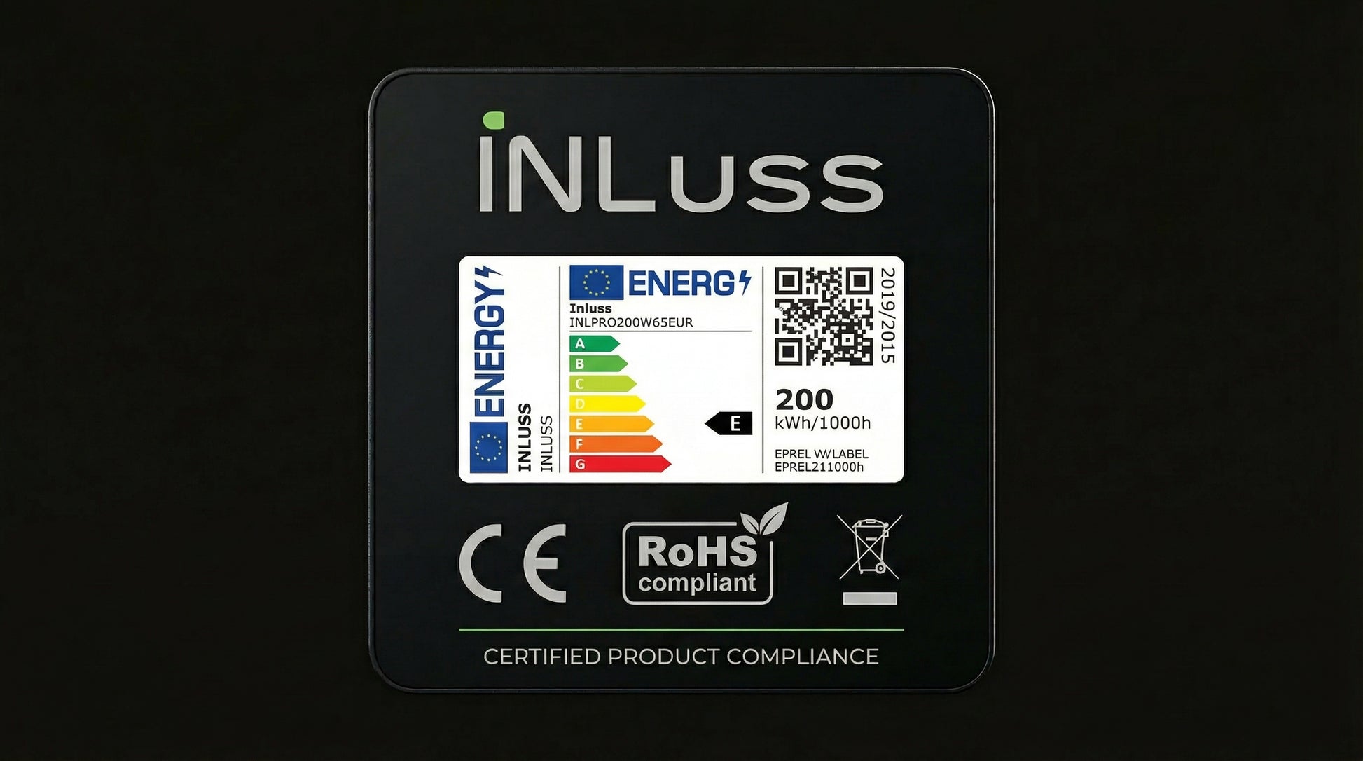 INLUSS energy label with certification logos on a black background
