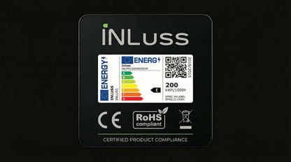 INLUSS energy label with certification logos on a black background