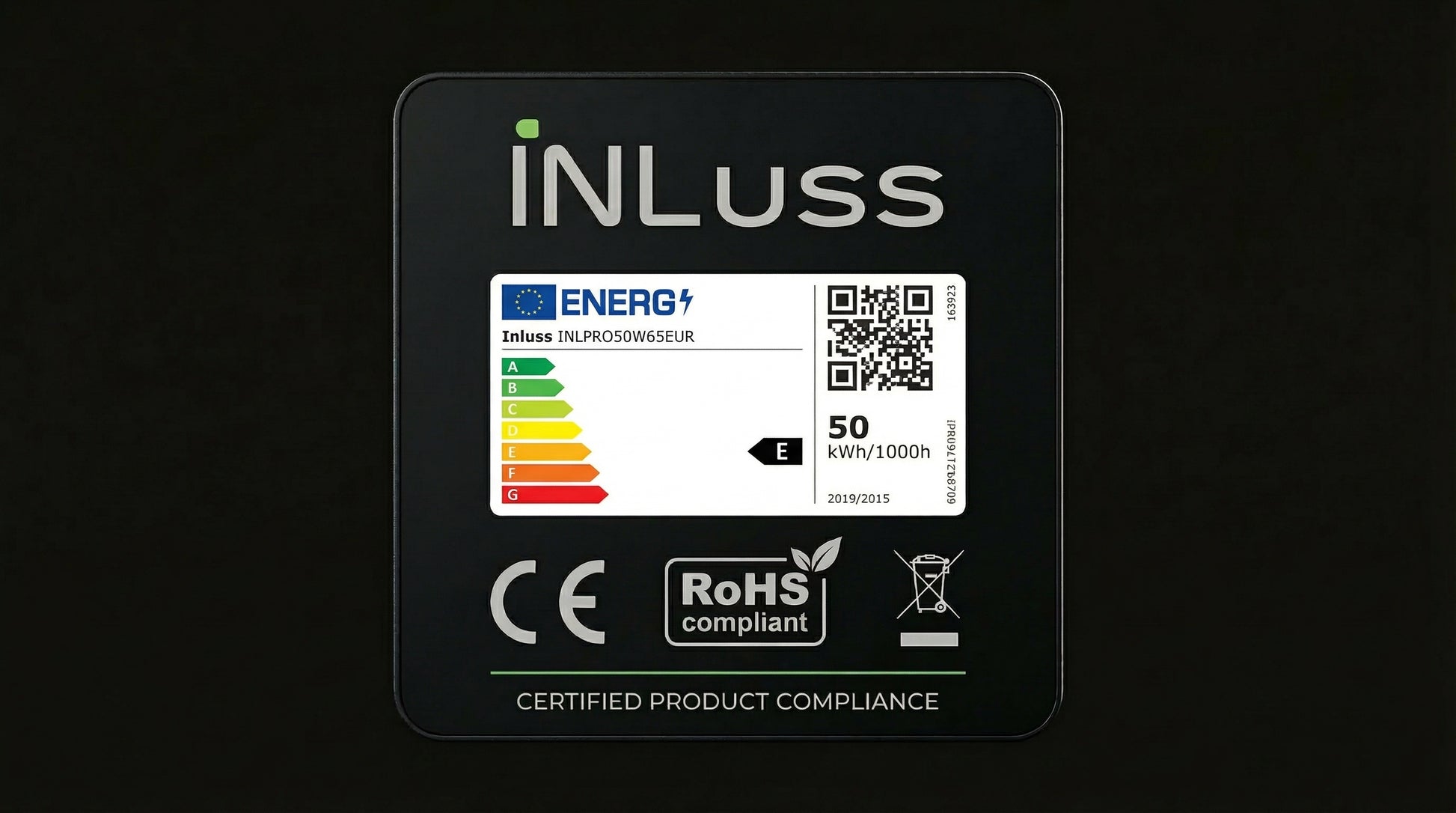INLUSS product label with energy rating and compliance logos on a black background