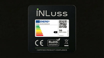 INLUSS product label with energy rating and compliance logos on a black background