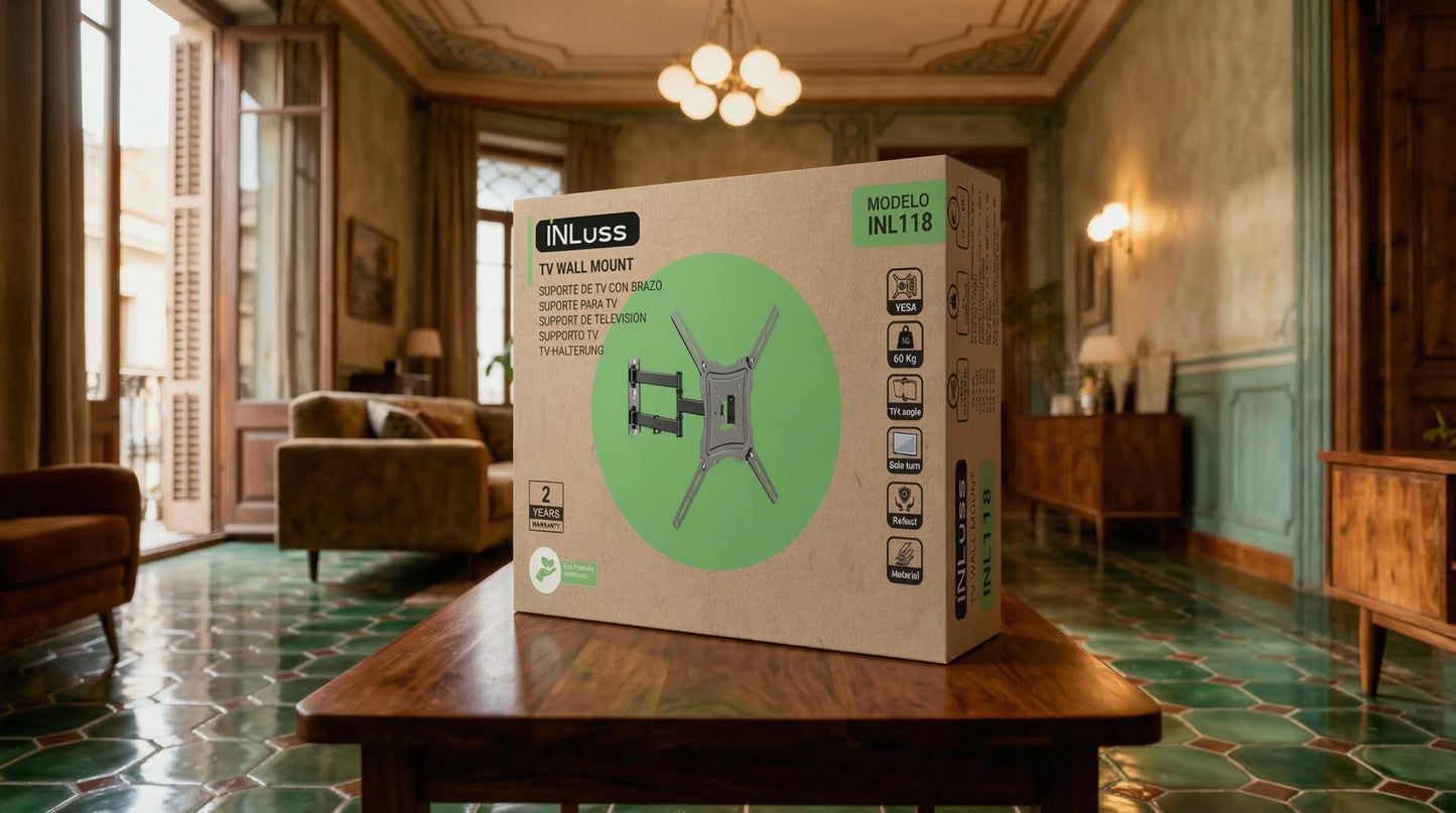 INLUS TV wall mount packaging on a wooden table in an elegant room with green tiles and wooden furniture.