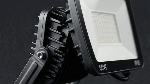 INLuss 50W flood light with specifications on a black background