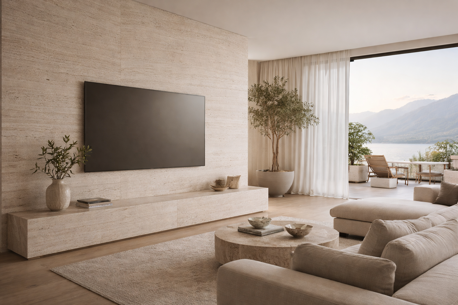 INLuss TV mount. Modern_living_room_with_a_large_TV_sofa_and_decorative_elements.