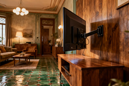 INLuss TV mounted on a wooden wall in a stylish living room with green tiled floor.