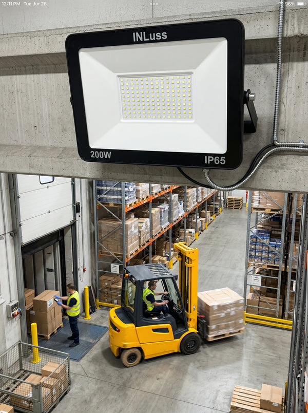 Flood light with 'INLuss' branding in a warehouse setting.