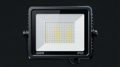 LED flood light with 200W rating on a black background