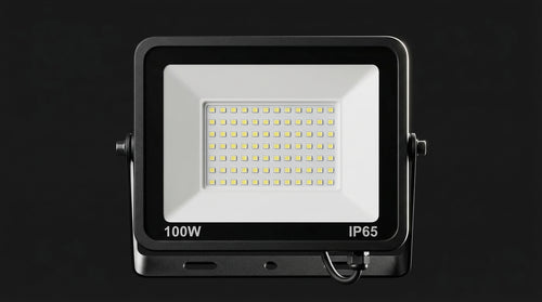 LED flood light with specifications on a black background