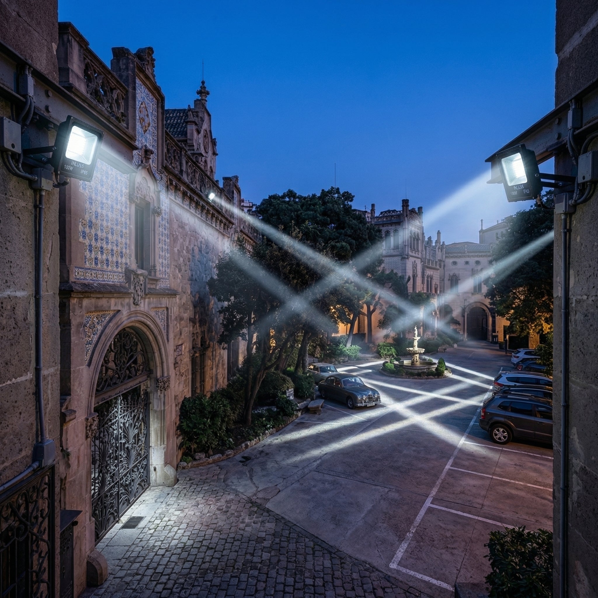 Streetscape of a historic building with illuminated pathways at night.