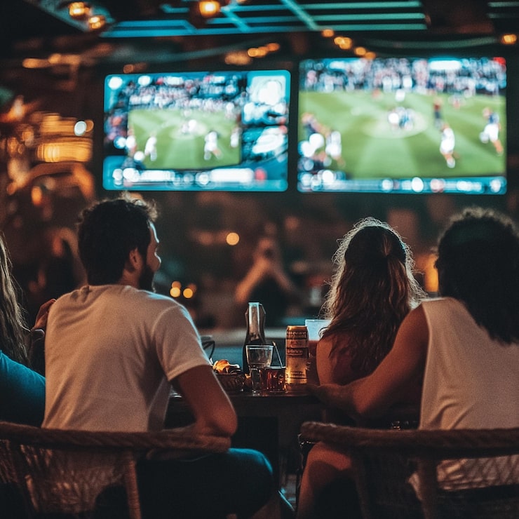 People watching sports on multiple screens in a bar setting