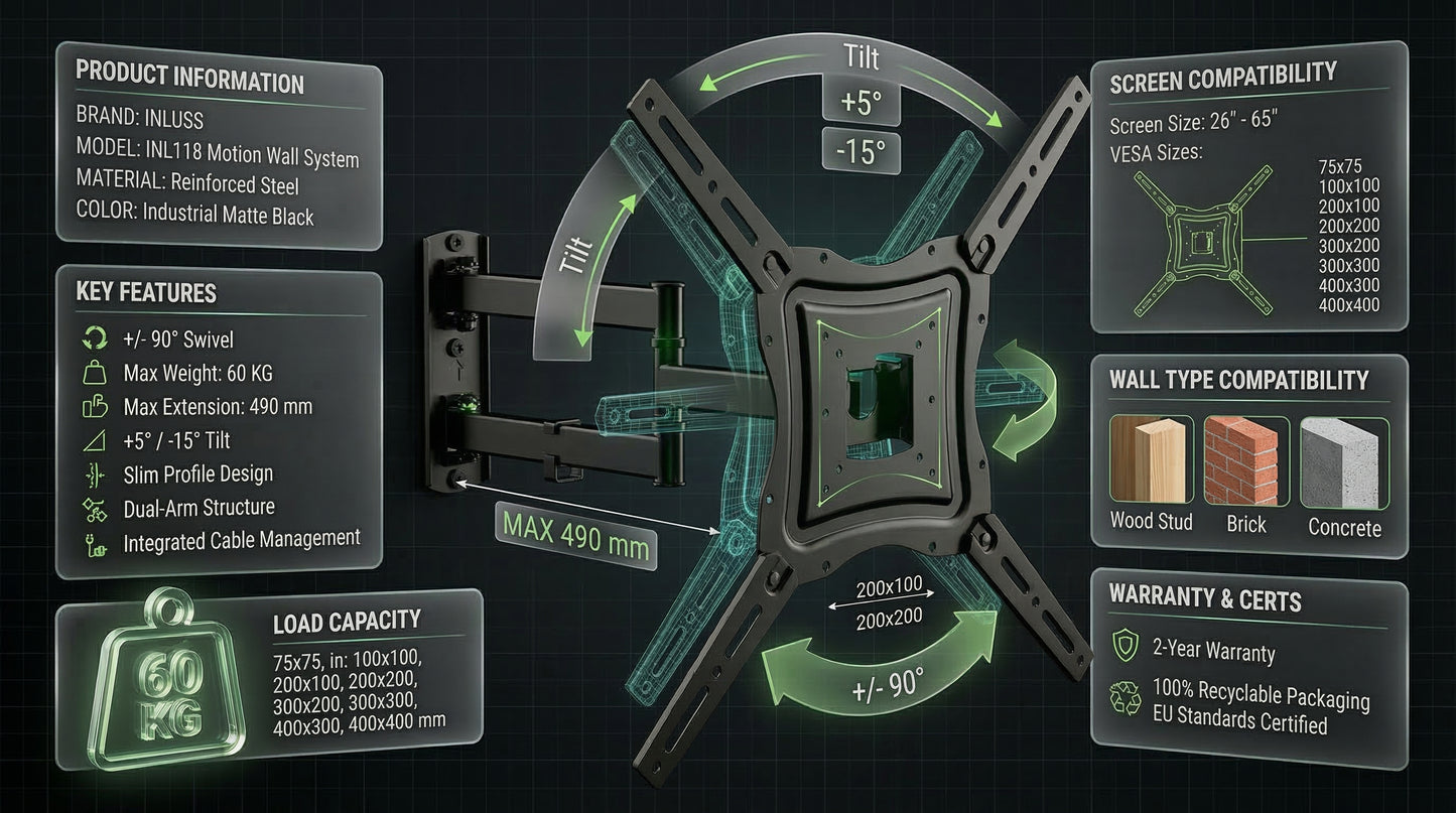 Wall-mounted display of a motion system with specifications on a dark background